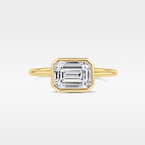 18K Yellow Gold 3ct Bezel Set Yellow Gold Horizontal Emerald Cut Diamond Engagement Ring